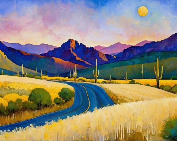 Vibrant Desert Landscape with Cacti and Mountains