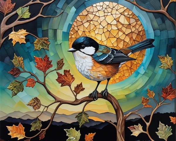 Vibrant Bird on Branch with Mosaic Moon and Leaves
