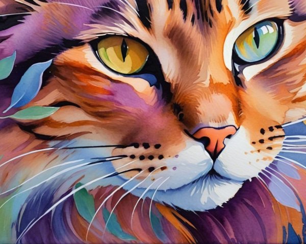 Vibrant Watercolor Cat Portrait with Colorful Background