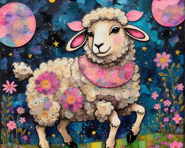 Cheerful sheep in a flower field under starry sky