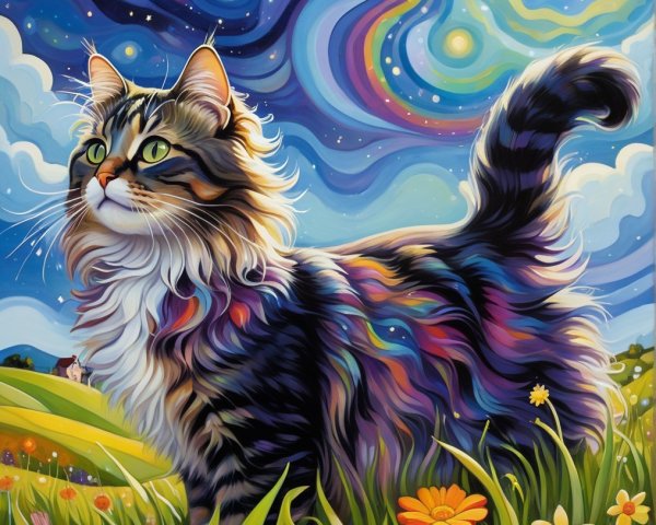 Colorful Cat in a Dreamlike Flower Field Painting