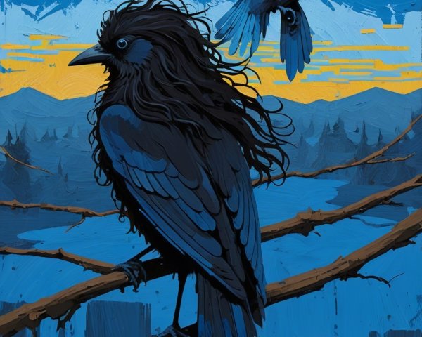 Twilight Illustration of Birds with Moonlit Mountains
