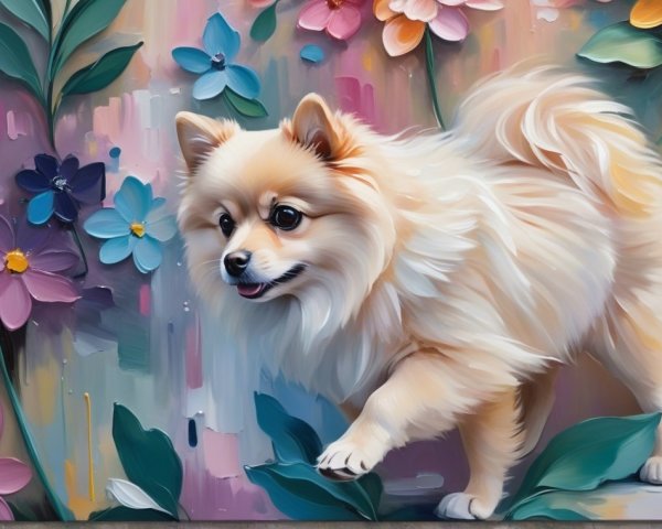 Pomeranian Dog in Colorful Flower Garden Scene