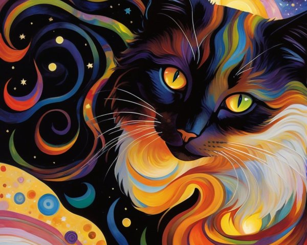 Abstract Cat Face with Bold Colors and Cosmic Background