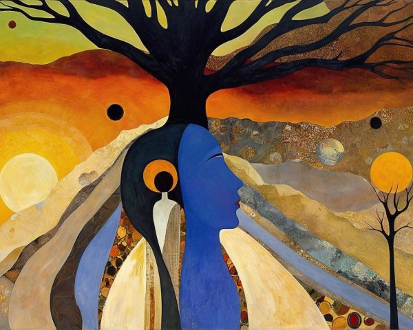 Abstract Artwork of Blue Female Silhouette and Tree