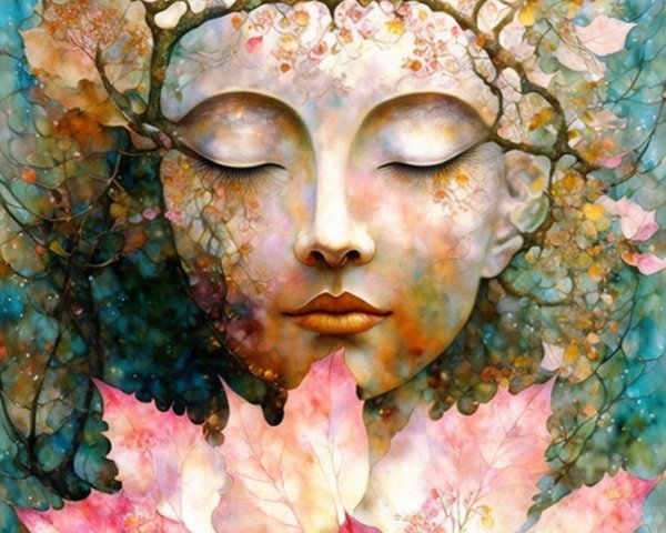 Serene Woman with Closed Eyes and Colorful Background