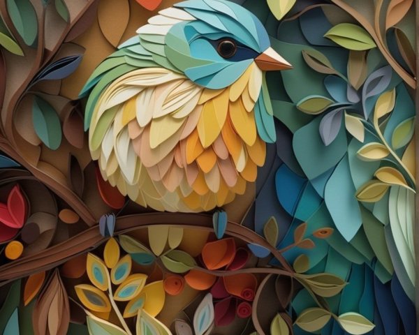 Stylized Bird Artwork with Layered Paper and Colorful Background