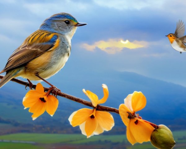 Colorful Bird on Branch with Yellow Orchids at Sunset