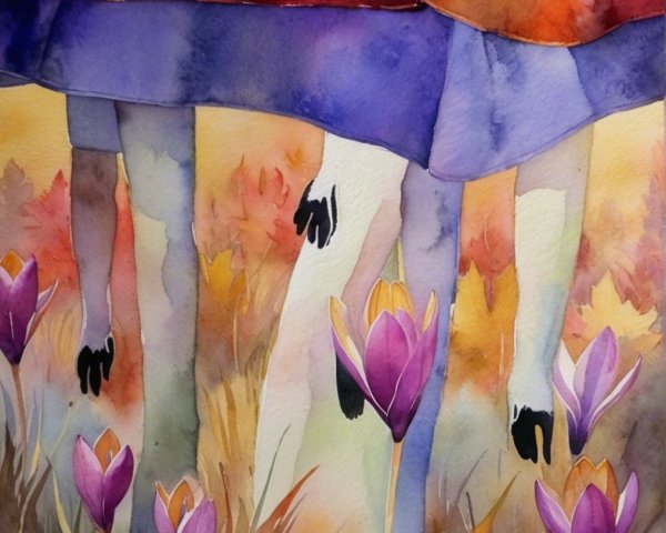 Vibrant Watercolor of Figures in Colorful Crocus Field