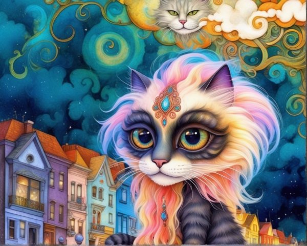 Colorful Illustration of a Majestic Cat in a Dreamy Scene