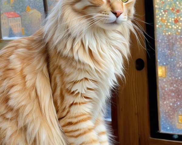 Maine Coon Cat Overlooking Winter Scene with Christmas Tree