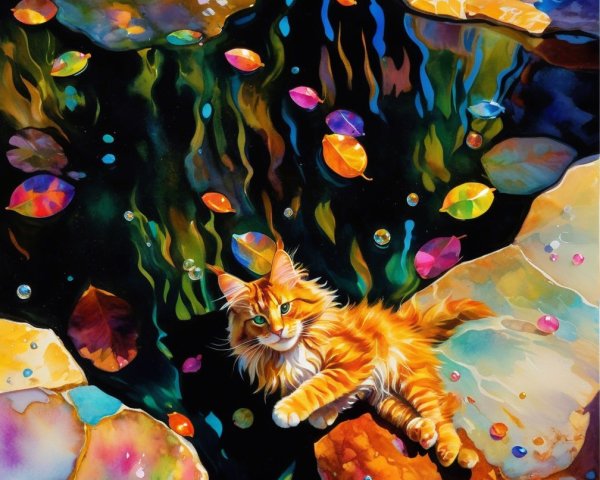 Colorful Painting of Cat by Serene Pond with Lily Pads