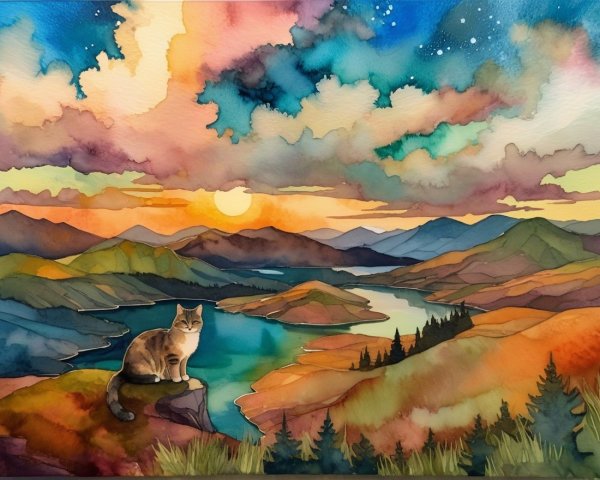 Watercolor Landscape with Sunset, Mountains, and Cat