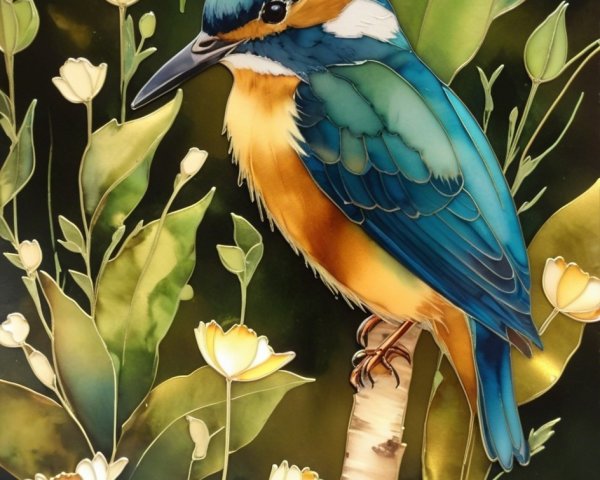 Batik Artwork of Kingfisher on Birch Tree Branch