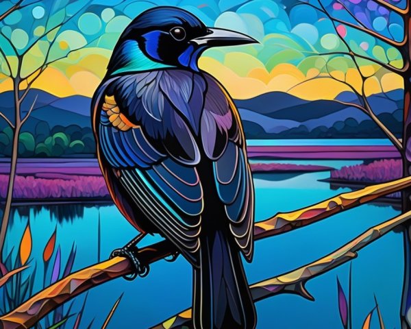 Vibrant Bird on Branch with Colorful Sunset Background