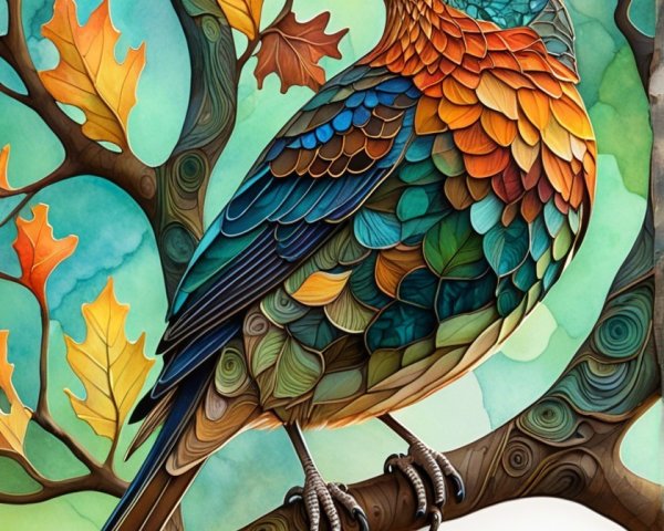 Vividly Illustrated Bird on Autumn Branch with Leaves
