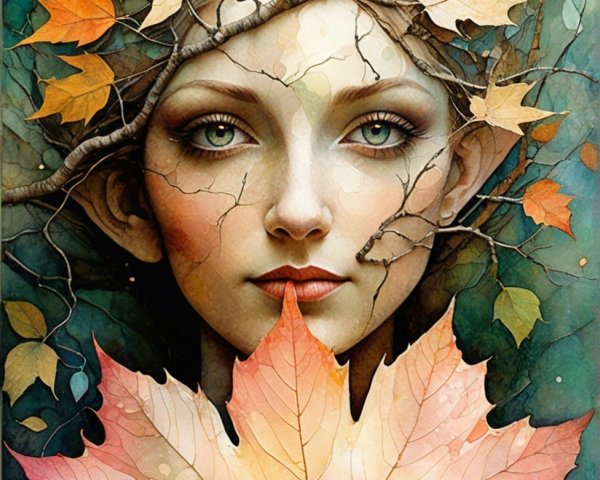 Ethereal Woman Surrounded by Autumn Leaves