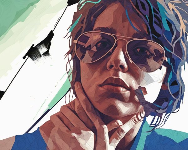 Stylized portrait with tousled hair and oversized sunglasses