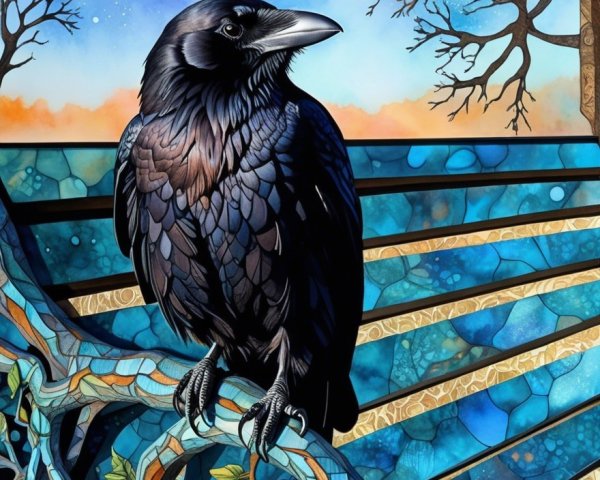 Raven on Branch with Vibrant Blue and Sunset Background