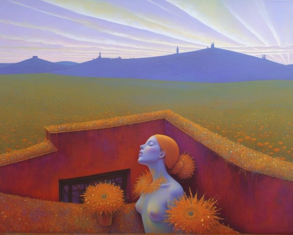 Serene Scene of a Woman in a Flower Field at Sunset