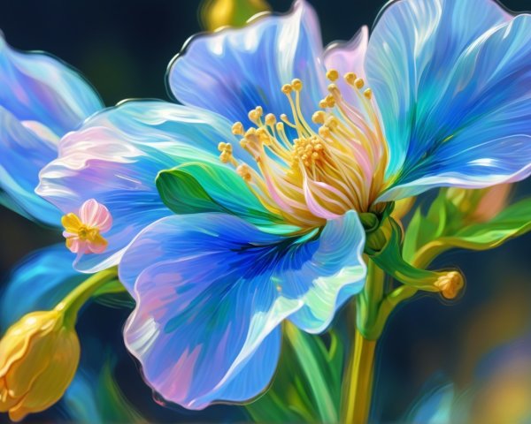 Close-Up Digital Painting of Blue and Pink Flowers
