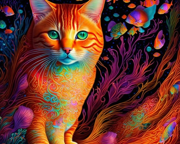 Vibrant Orange Cat in Mystical Underwater Scene