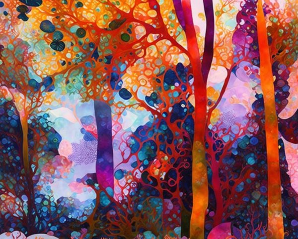 Abstract Forest Scene with Vibrant Colors and Patterns