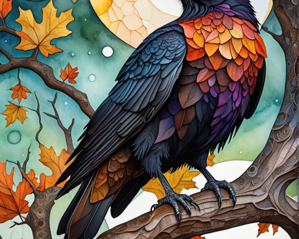 Majestic raven on a branch with vibrant autumn leaves