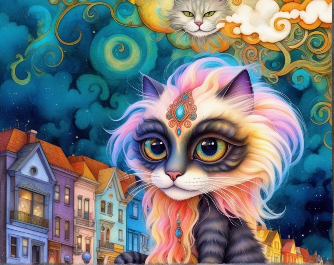 Colorful Illustration of a Majestic Cat in a Dreamy Scene