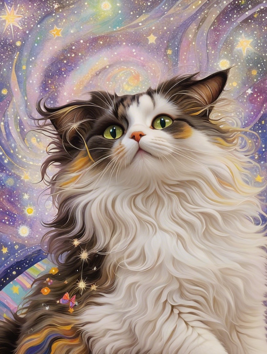 Colorful Digital Painting of a Curious Cat in Space