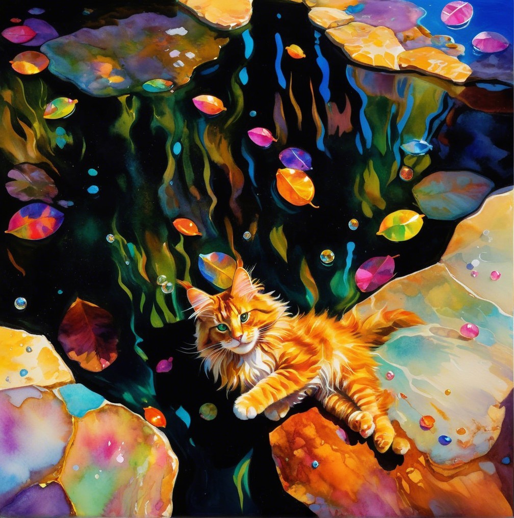 Colorful Painting of Cat by Serene Pond with Lily Pads