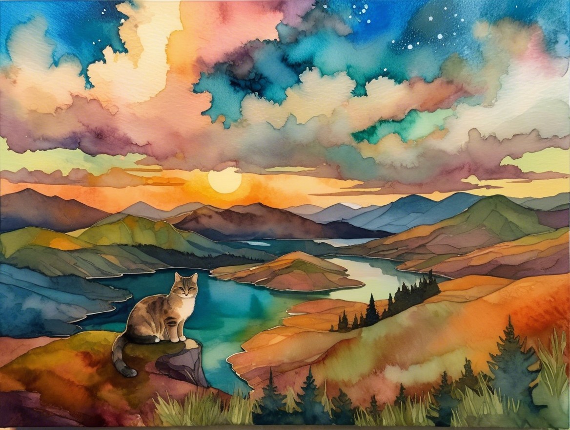 Watercolor Landscape with Sunset, Mountains, and Cat