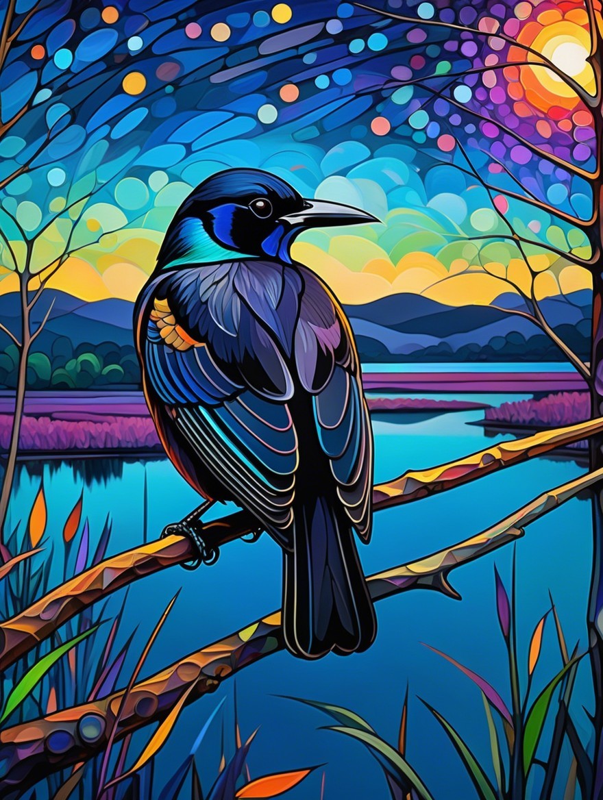 Vibrant Bird on Branch with Colorful Sunset Background
