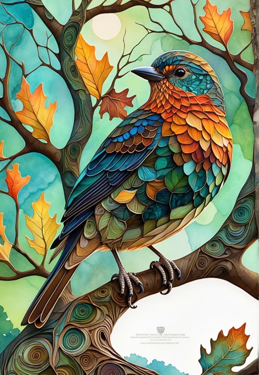 Vividly Illustrated Bird on Autumn Branch with Leaves