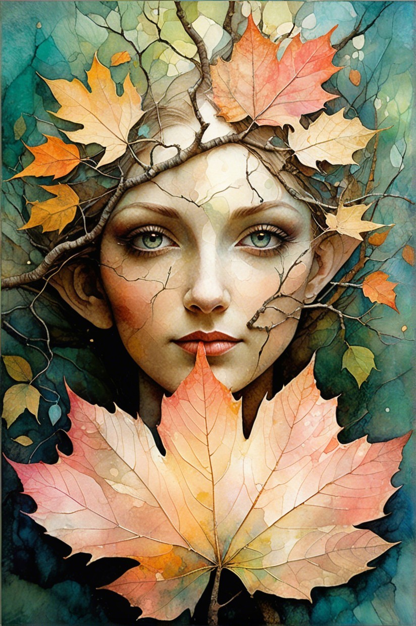 Ethereal Woman Surrounded by Autumn Leaves