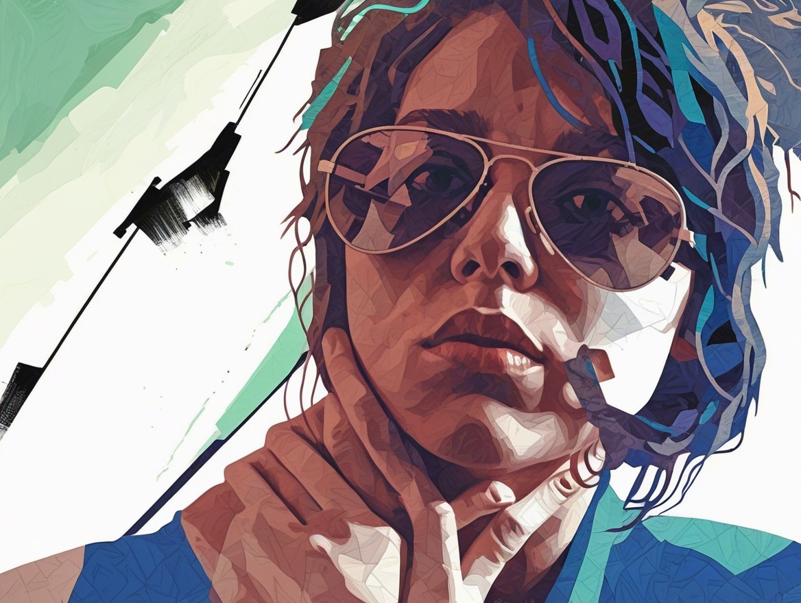 Stylized portrait with tousled hair and oversized sunglasses