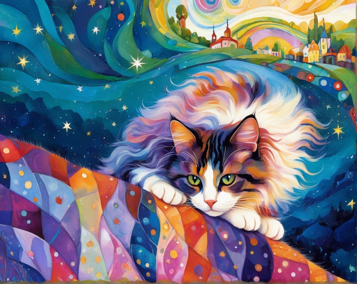 Surreal Painting of a Calico Cat on Colorful Surface