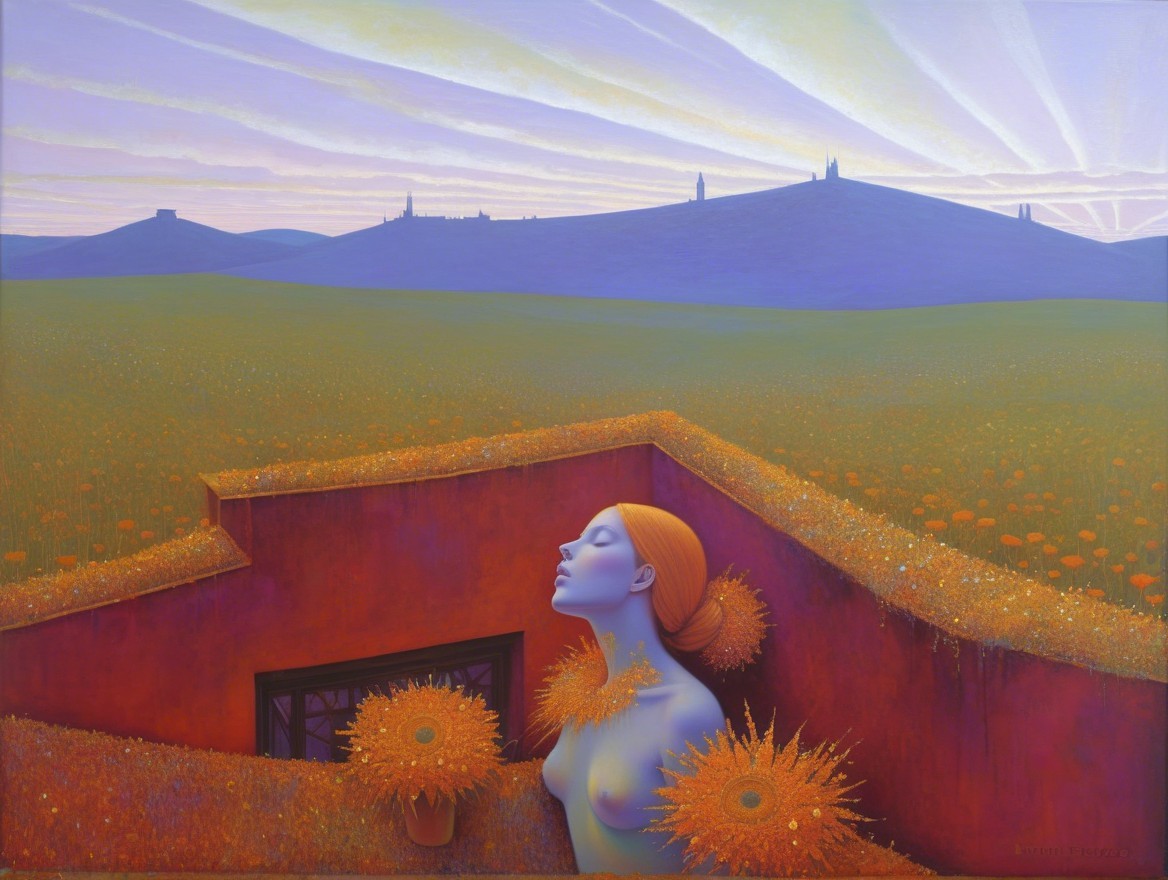 Serene Scene of a Woman in a Flower Field at Sunset