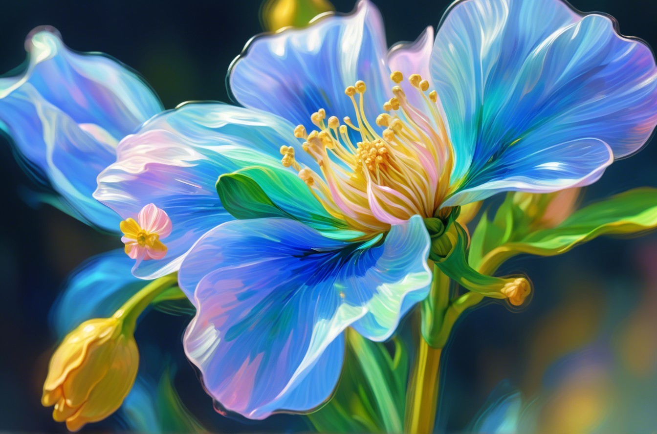 Close-Up Digital Painting of Blue and Pink Flowers