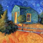 Rustic Wooden House Under Crescent Moon at Night