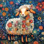 Cheerful sheep in a flower field under starry sky