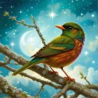 Colorful Bird on Branch with Moonlit Background