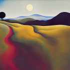 Surreal Landscape with Colorful Striped Road and Sun