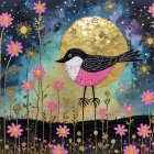 Vibrant Bird on Branch with Mosaic Moon and Leaves