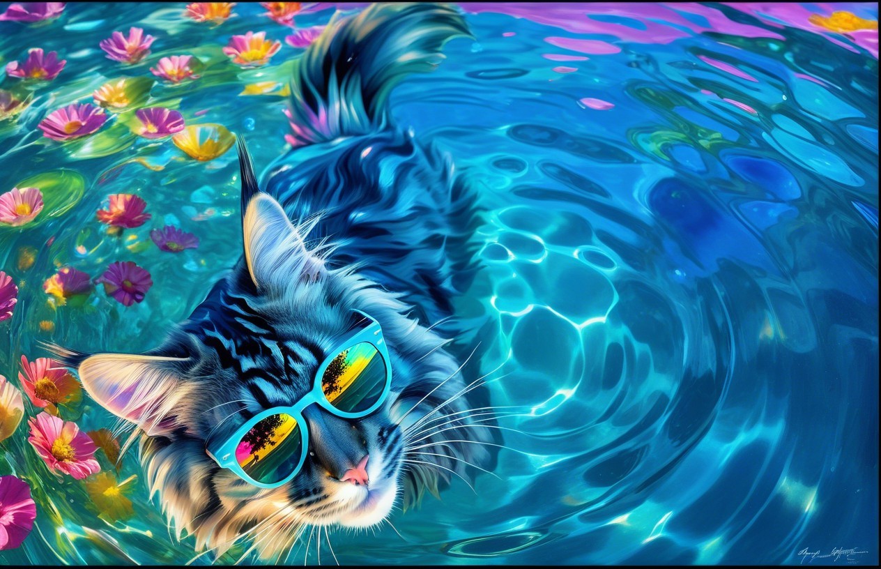 Playful Cat with Blue Fur Swimming in Turquoise Pool