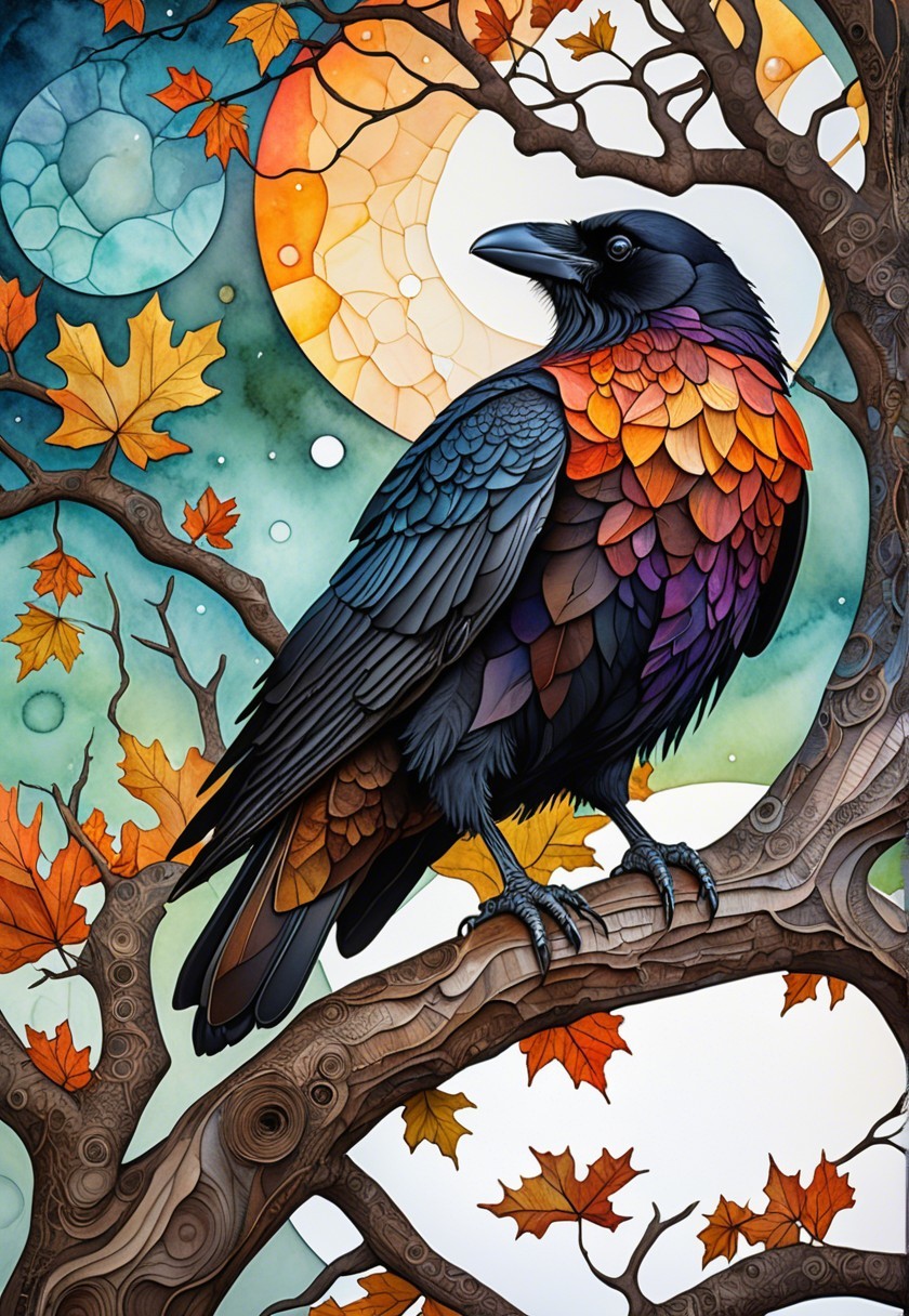 Majestic raven on a branch with vibrant autumn leaves