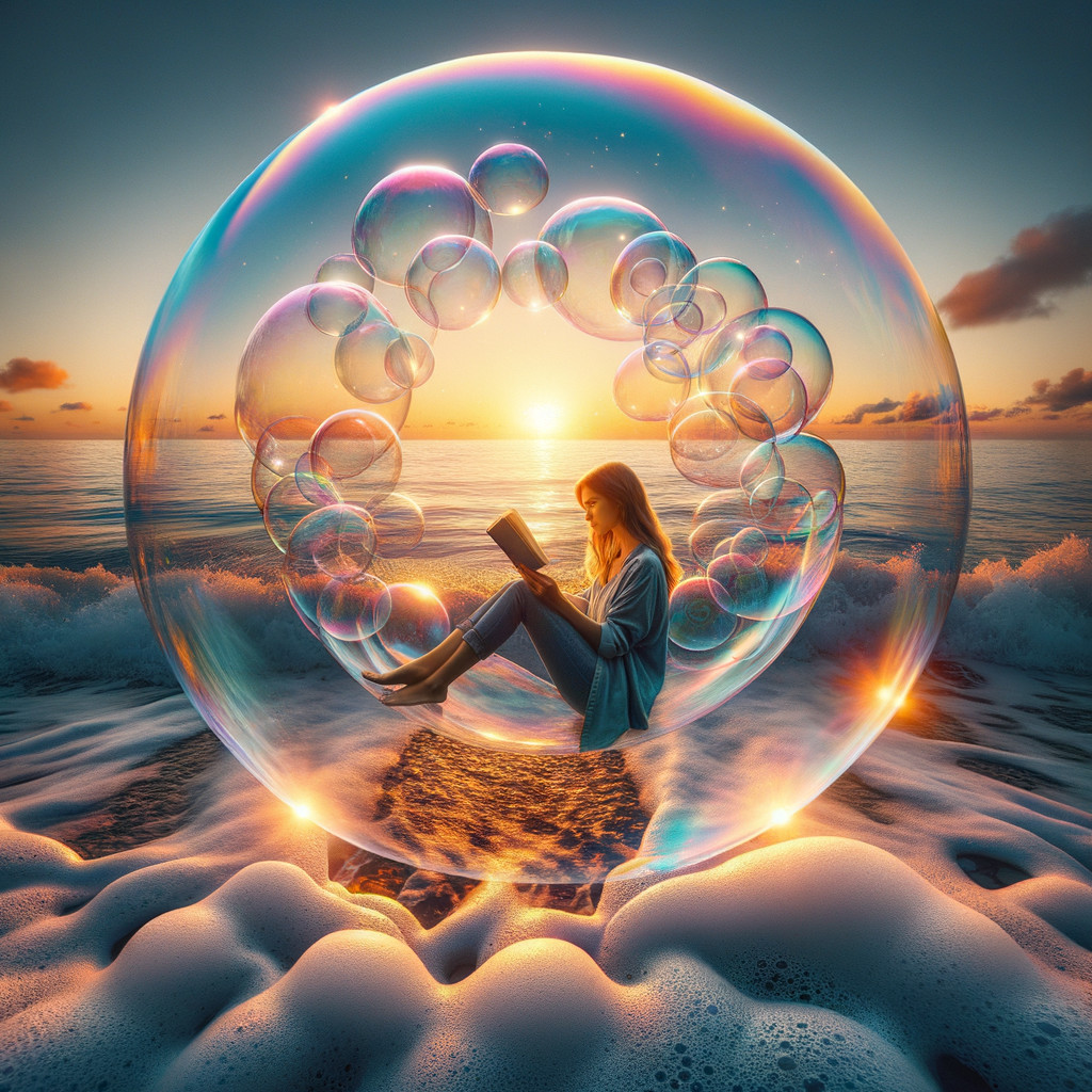 Young Woman in a Bubble on a Beach at Sunset