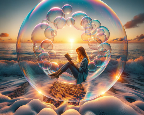Young Woman in a Bubble on a Beach at Sunset