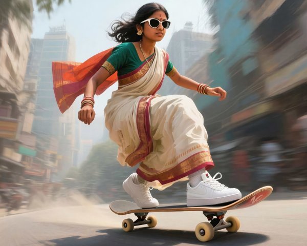 Young Indian Woman Skateboarding in City Street Scene