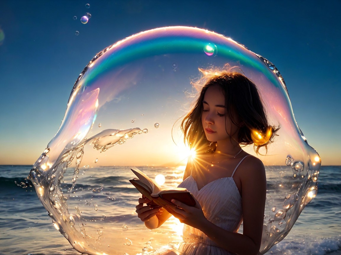 Young Woman Reading in Shallow Water at Sunset